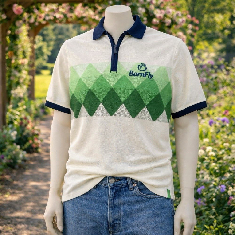 NWT Born Fly Argyle‎ Polo Shirt Men Medium Green White Zip Collar Preppy